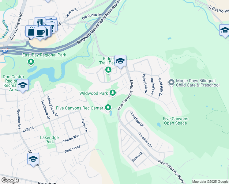 map of restaurants, bars, coffee shops, grocery stores, and more near 22950 Canyon Terrace Drive in Castro Valley