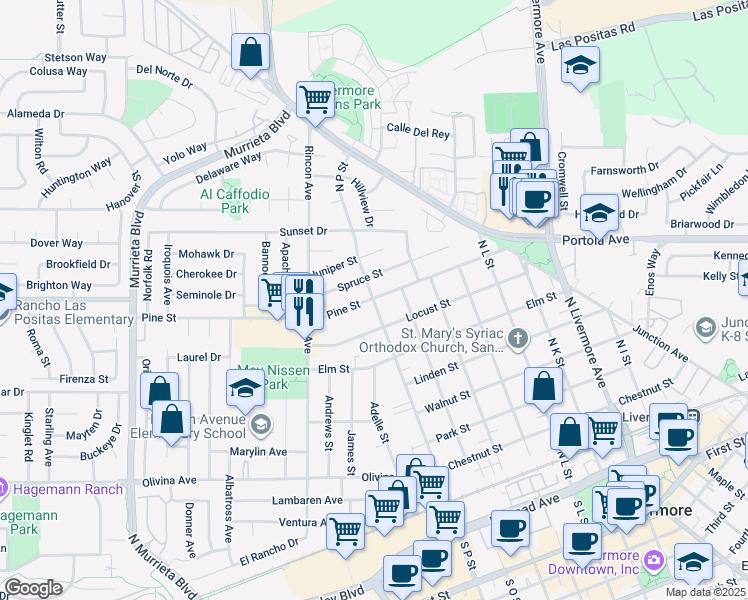 map of restaurants, bars, coffee shops, grocery stores, and more near 888 North P Street in Livermore
