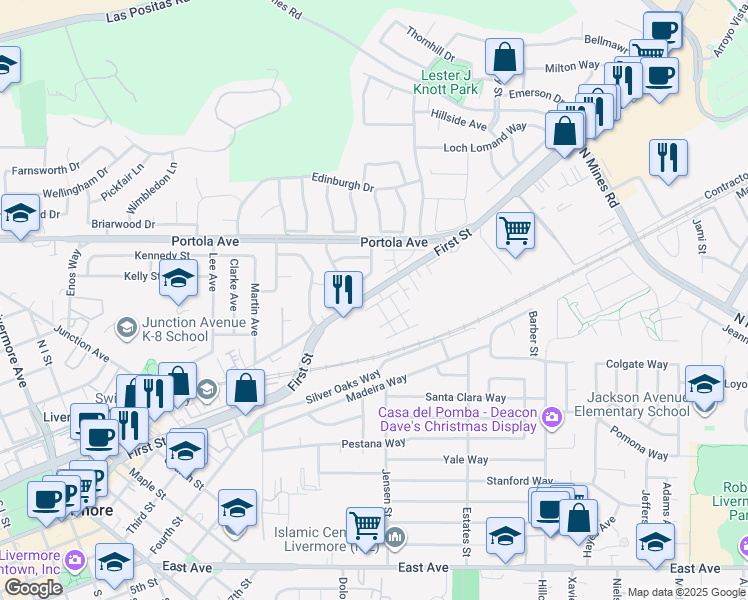 map of restaurants, bars, coffee shops, grocery stores, and more near 3713 First Street in Livermore