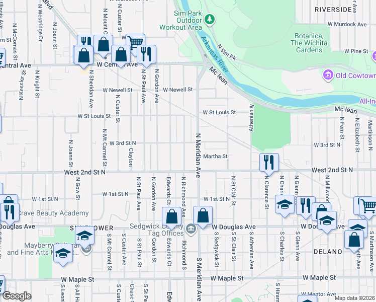 map of restaurants, bars, coffee shops, grocery stores, and more near 350 Richmond North in Wichita