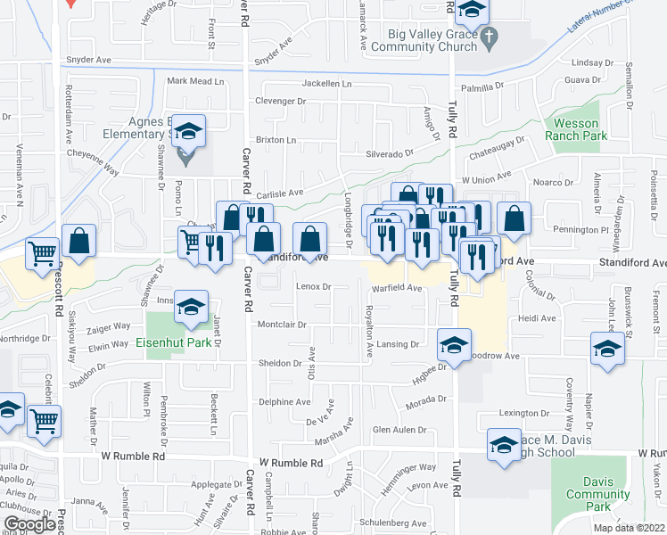 map of restaurants, bars, coffee shops, grocery stores, and more near 1520 Standiford Avenue in Modesto