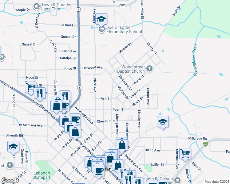 map of restaurants, bars, coffee shops, grocery stores, and more near 550 Harwood Avenue in Lebanon