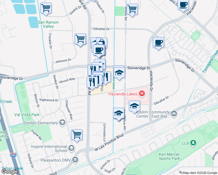 map of restaurants, bars, coffee shops, grocery stores, and more near 4545 Chabot Drive in Pleasanton