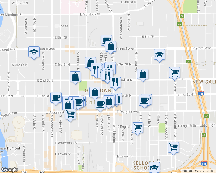 map of restaurants, bars, coffee shops, grocery stores, and more near 251 Washington North in Wichita