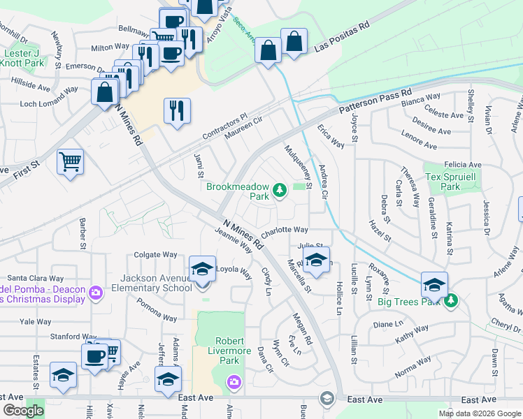 map of restaurants, bars, coffee shops, grocery stores, and more near 4671 Laurie Common in Livermore