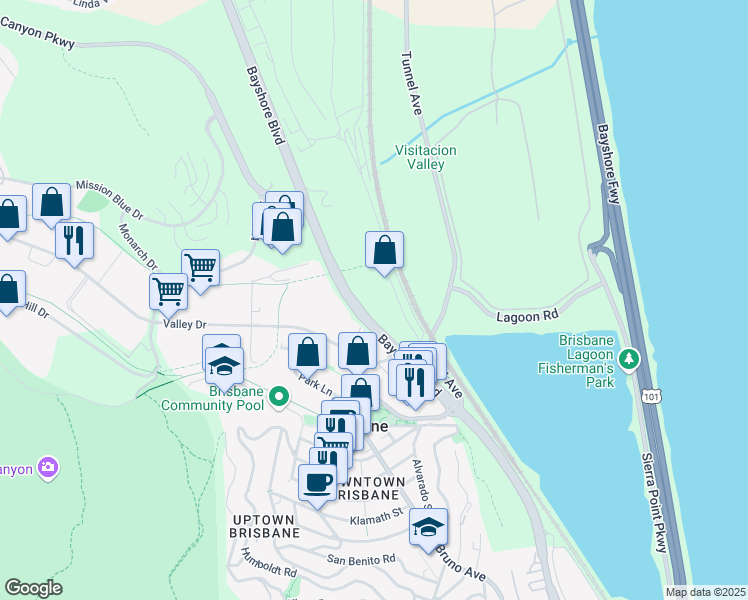 map of restaurants, bars, coffee shops, grocery stores, and more near 3401 Bayshore Blvd in Brisbane
