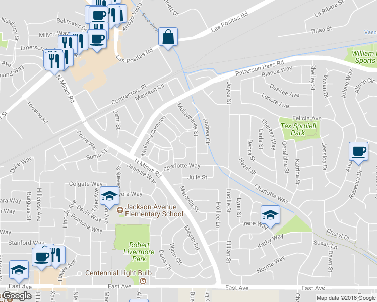 map of restaurants, bars, coffee shops, grocery stores, and more near 4825 Mulqueeney Common in Livermore