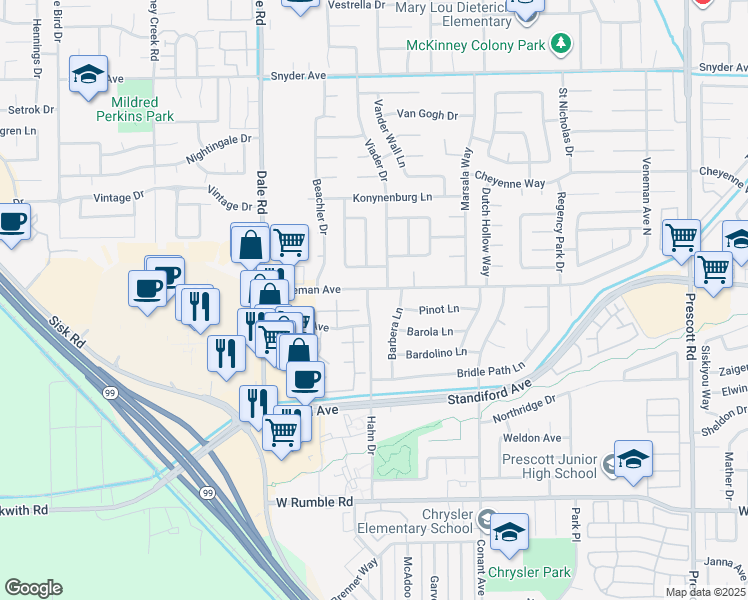 map of restaurants, bars, coffee shops, grocery stores, and more near 3416 Hahn Drive in Modesto