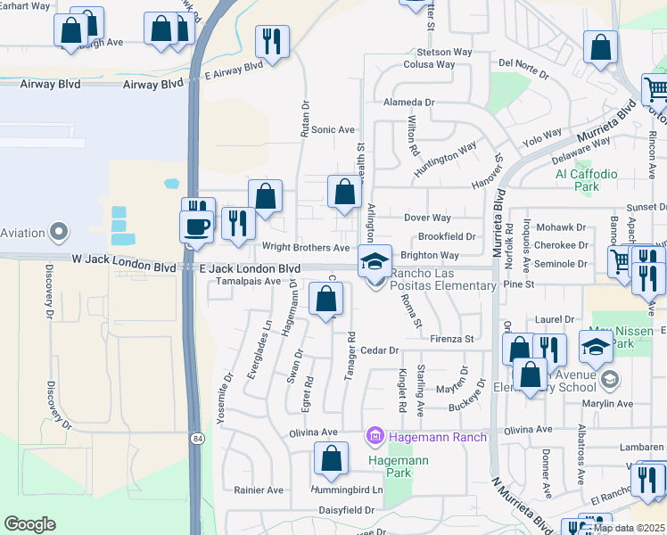 map of restaurants, bars, coffee shops, grocery stores, and more near East Jack London Boulevard in Livermore