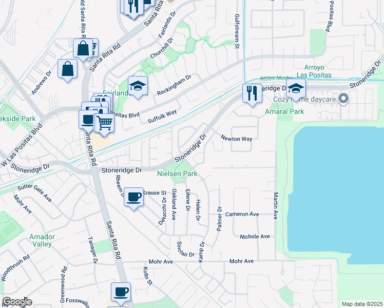 map of restaurants, bars, coffee shops, grocery stores, and more near 3729 Rose Rock Circle in Pleasanton