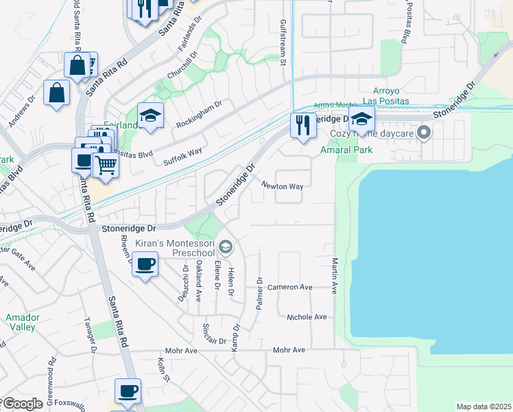 map of restaurants, bars, coffee shops, grocery stores, and more near 3757 Angus Way in Pleasanton
