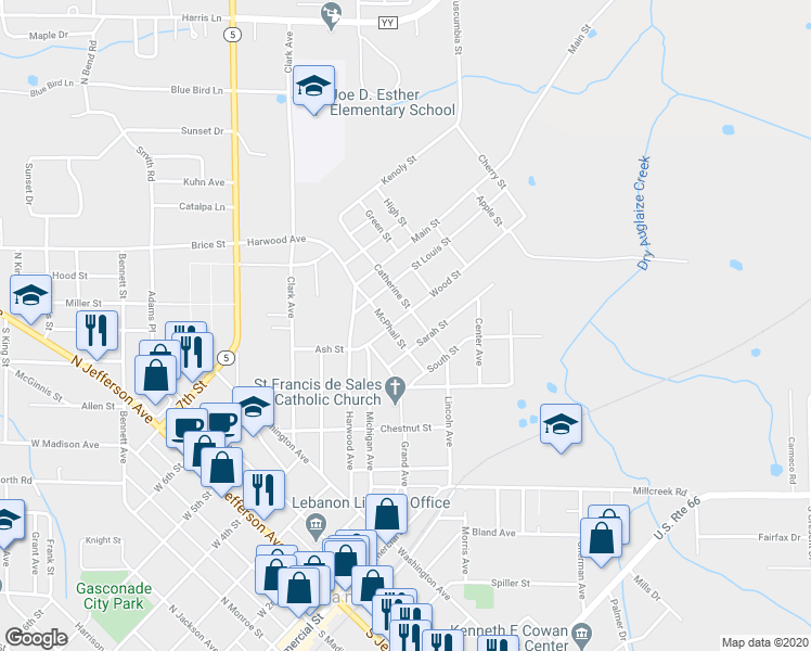 map of restaurants, bars, coffee shops, grocery stores, and more near 550 Wood Street in Lebanon