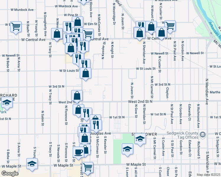 map of restaurants, bars, coffee shops, grocery stores, and more near 355 North Knight Street in Wichita