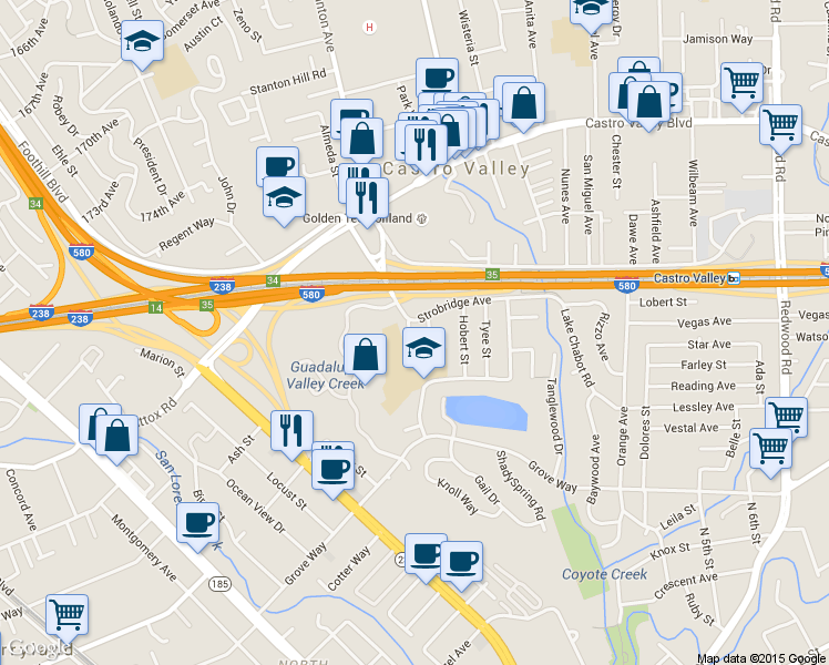 map of restaurants, bars, coffee shops, grocery stores, and more near 1831 Strobridge Avenue in Hayward
