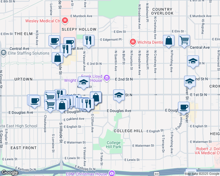 map of restaurants, bars, coffee shops, grocery stores, and more near 220 North Roosevelt Street in Wichita