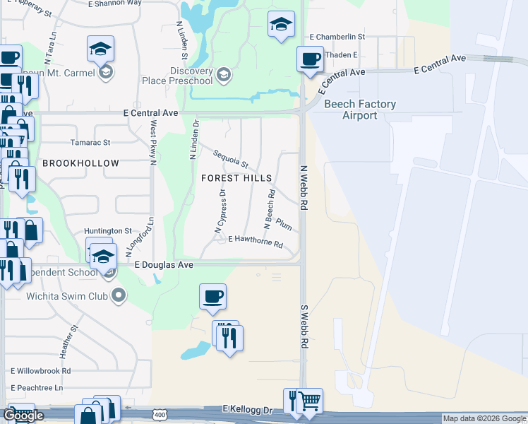 map of restaurants, bars, coffee shops, grocery stores, and more near 21 North Beech Road in Wichita