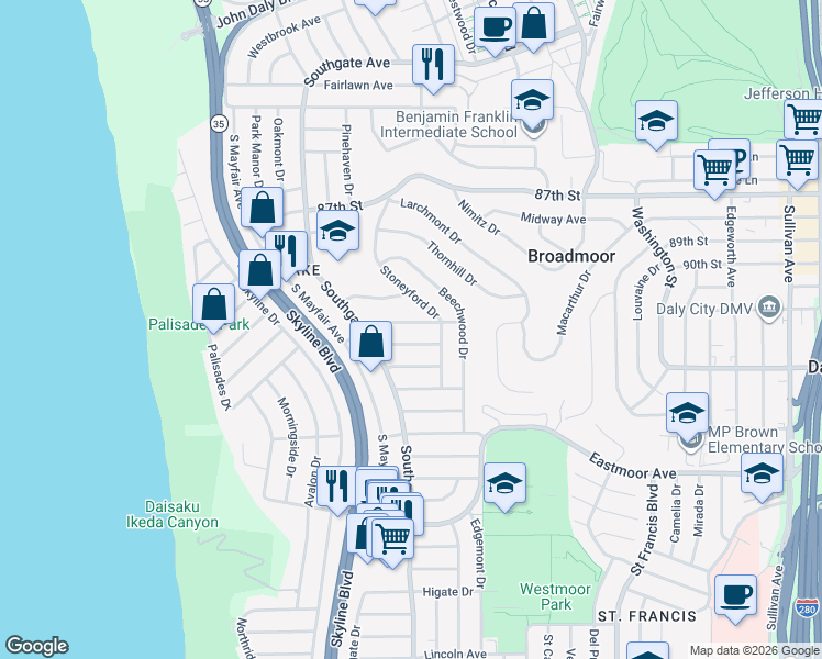 map of restaurants, bars, coffee shops, grocery stores, and more near 43 Montrose Avenue in Daly City