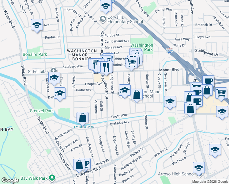 map of restaurants, bars, coffee shops, grocery stores, and more near 15106 Edgemoor Street in San Leandro