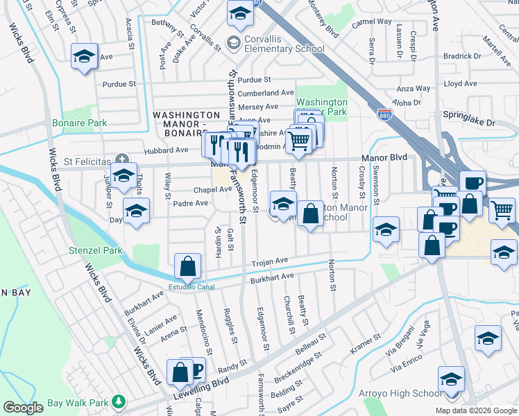 map of restaurants, bars, coffee shops, grocery stores, and more near 15106 Edgemoor Street in San Leandro