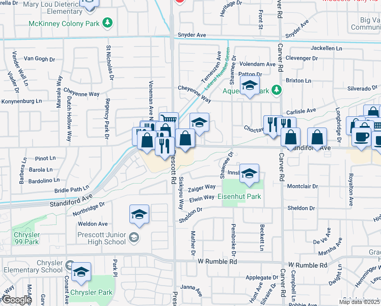 map of restaurants, bars, coffee shops, grocery stores, and more near in Modesto