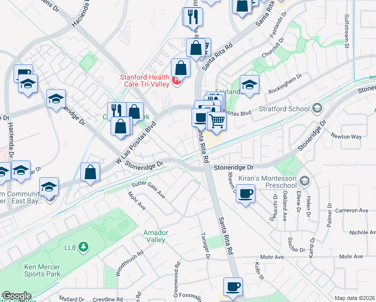 map of restaurants, bars, coffee shops, grocery stores, and more near 3039 Tonopah Circle in Pleasanton