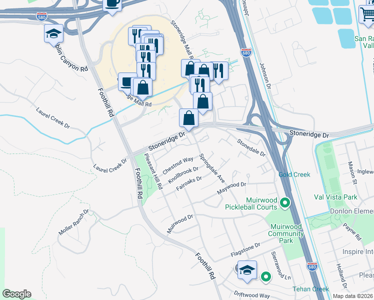 map of restaurants, bars, coffee shops, grocery stores, and more near 7754 Creekside Drive in Pleasanton