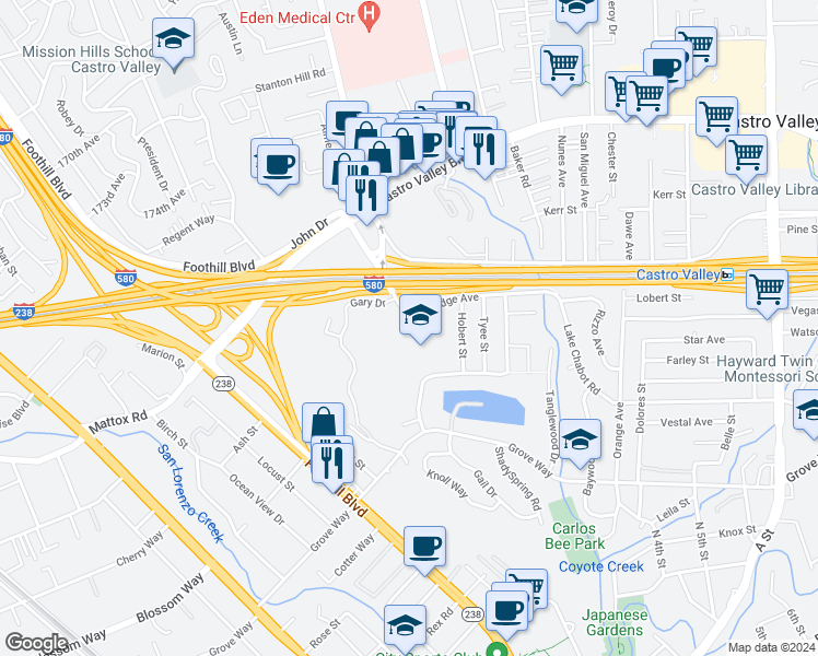 map of restaurants, bars, coffee shops, grocery stores, and more near 1831 Strobridge Avenue in Hayward
