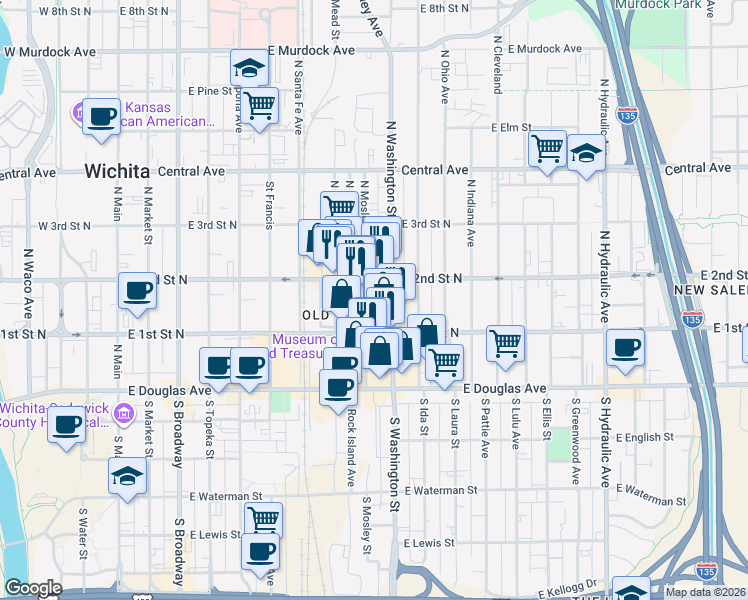 map of restaurants, bars, coffee shops, grocery stores, and more near 251 Washington North in Wichita