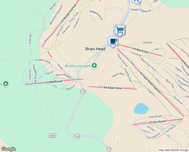 map of restaurants, bars, coffee shops, grocery stores, and more near 535 Brian Head Boulevard in Brian Head