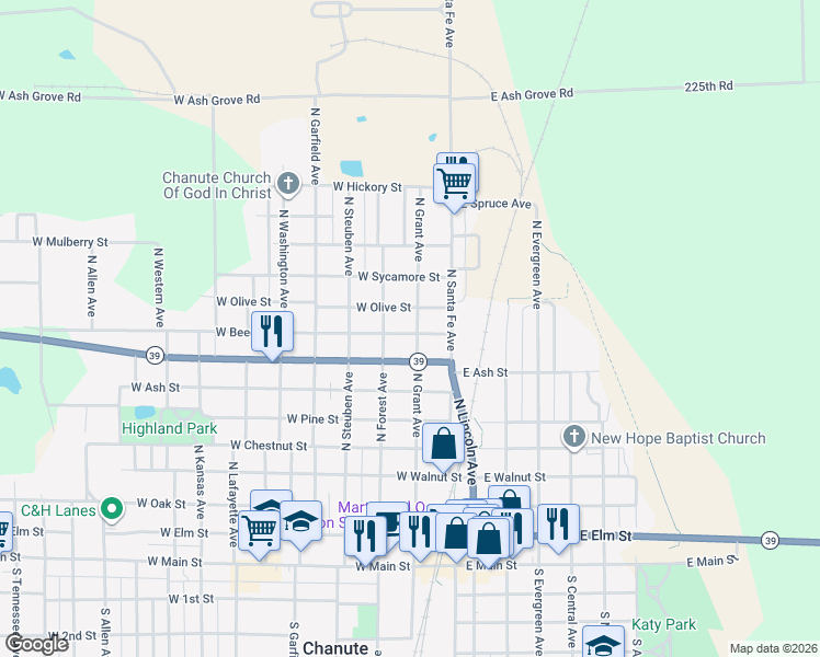 map of restaurants, bars, coffee shops, grocery stores, and more near 801 North Grant Avenue in Chanute