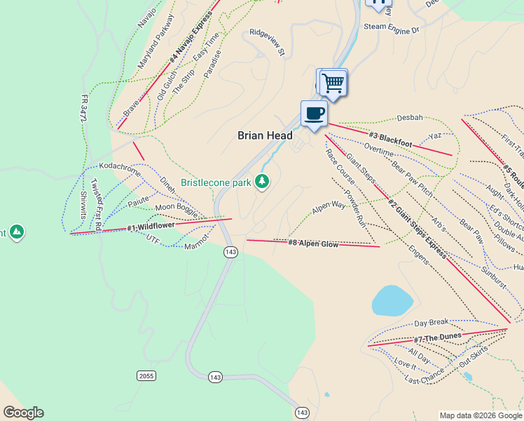 map of restaurants, bars, coffee shops, grocery stores, and more near 535 Brian Head Boulevard in Brian Head