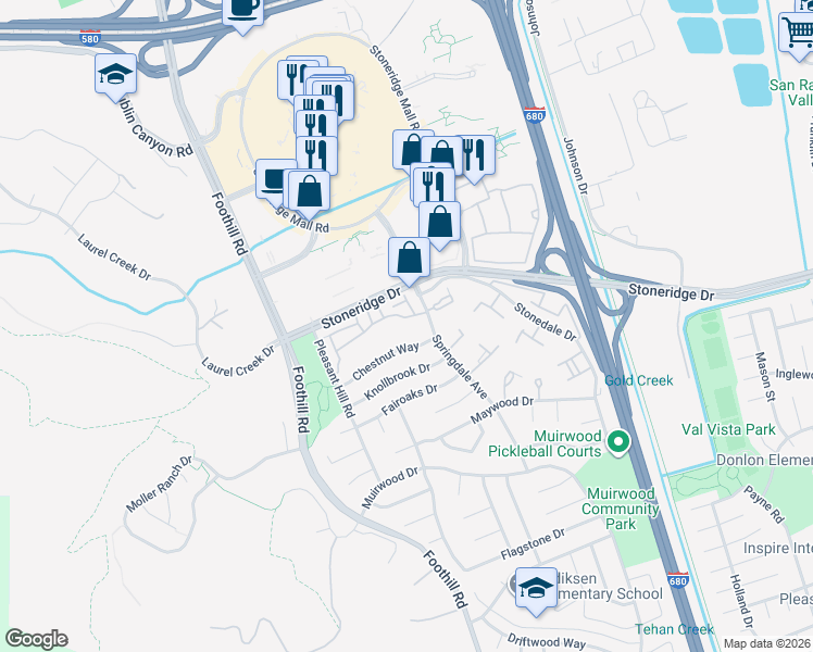 map of restaurants, bars, coffee shops, grocery stores, and more near 7754 Creekside Drive in Pleasanton