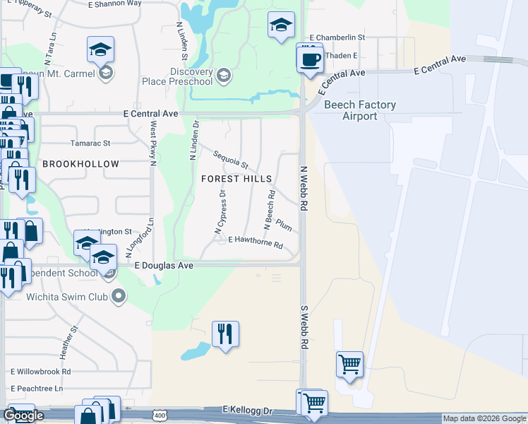 map of restaurants, bars, coffee shops, grocery stores, and more near 21 North Beech Road in Wichita