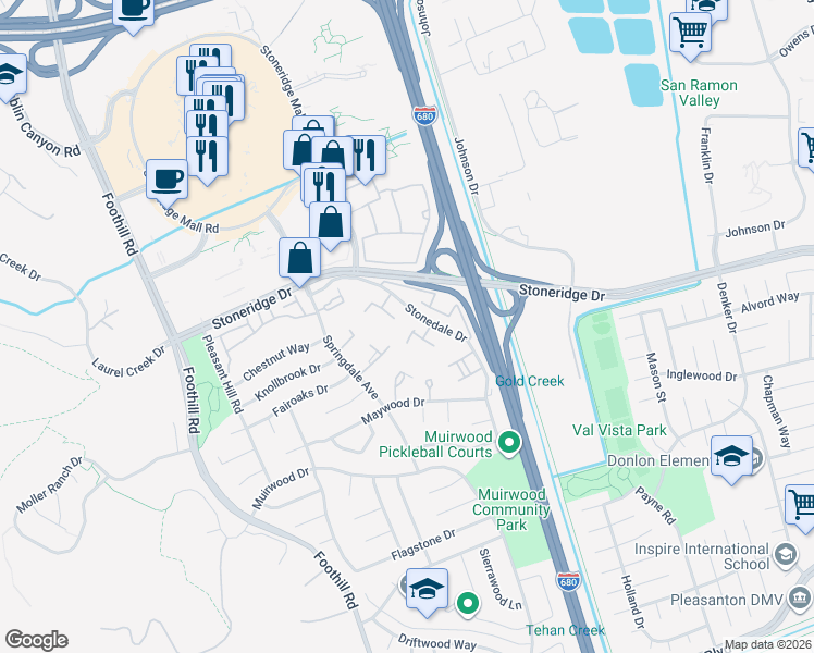 map of restaurants, bars, coffee shops, grocery stores, and more near 5262 Riverdale Court in Pleasanton