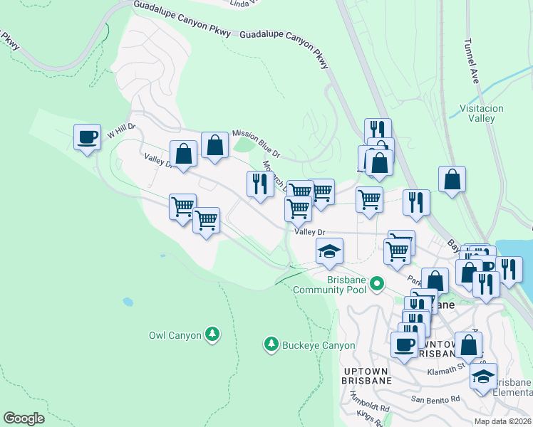 map of restaurants, bars, coffee shops, grocery stores, and more near 422 Valley Drive in Brisbane