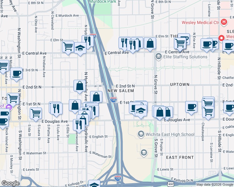 map of restaurants, bars, coffee shops, grocery stores, and more near 225 North Ash Street in Wichita