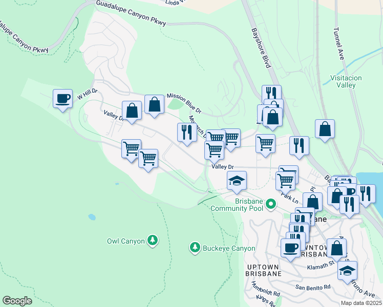 map of restaurants, bars, coffee shops, grocery stores, and more near 422 Valley Drive in Brisbane