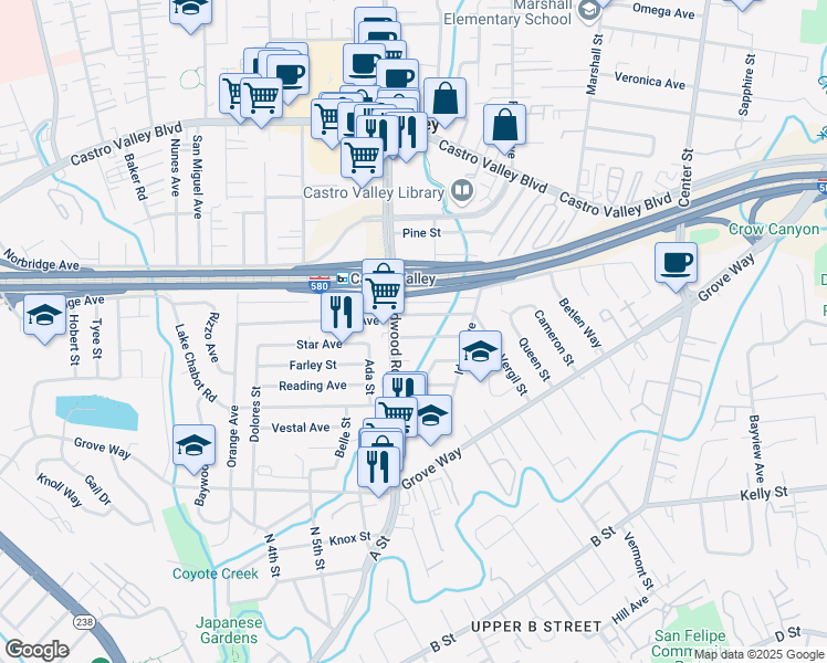 map of restaurants, bars, coffee shops, grocery stores, and more near 2526 Watson Street in Castro Valley