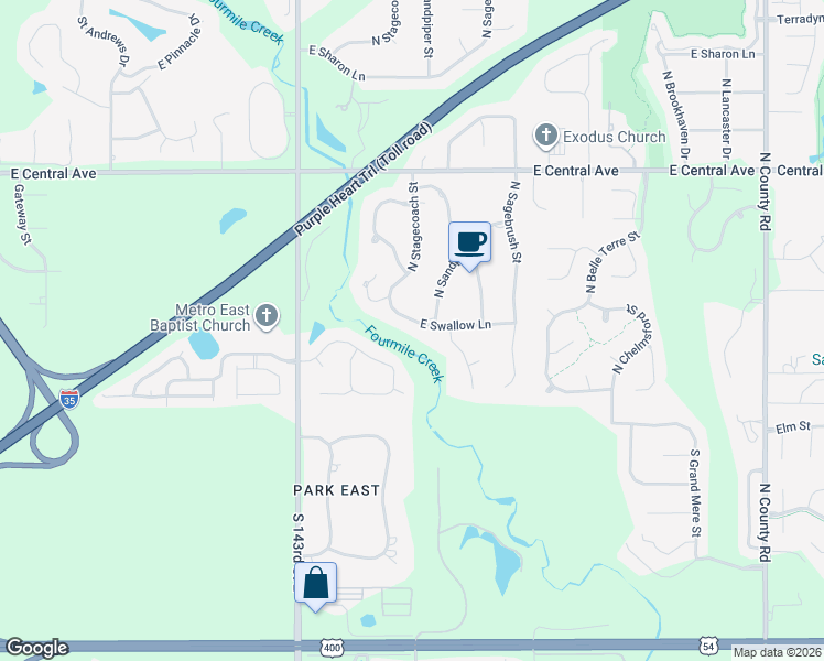 map of restaurants, bars, coffee shops, grocery stores, and more near 3 East Swallow Lane in Wichita