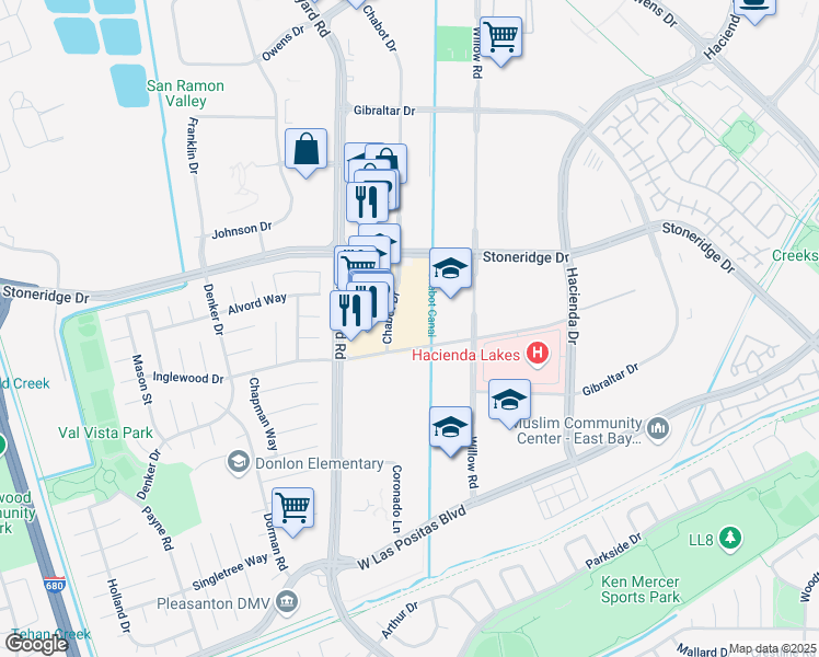 map of restaurants, bars, coffee shops, grocery stores, and more near 4545 Chabot Drive in Pleasanton