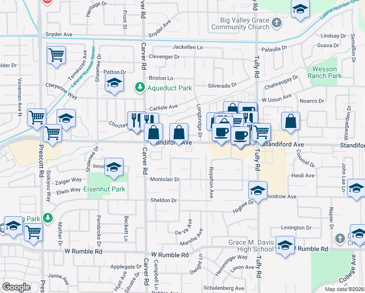 map of restaurants, bars, coffee shops, grocery stores, and more near 1520 Standiford Avenue in Modesto