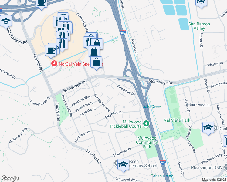 map of restaurants, bars, coffee shops, grocery stores, and more near 5331 Brookside Court in Pleasanton