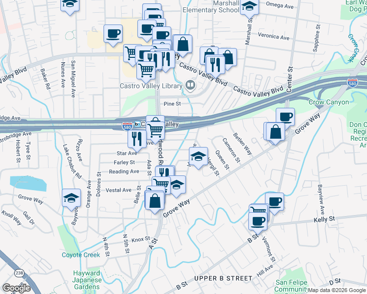 map of restaurants, bars, coffee shops, grocery stores, and more near 2672 Watson Street in Castro Valley
