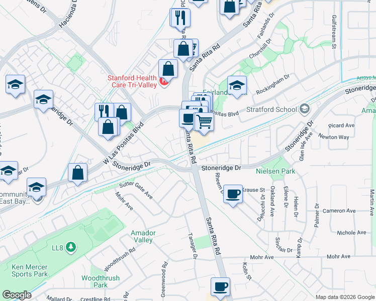 map of restaurants, bars, coffee shops, grocery stores, and more near 3061 Santa Rita Road in Pleasanton