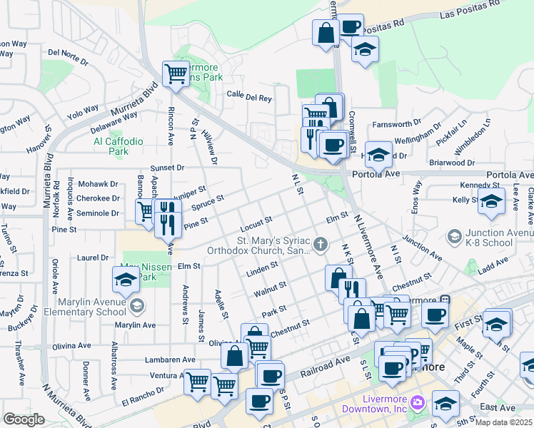 map of restaurants, bars, coffee shops, grocery stores, and more near 1812 Locust Street in Livermore