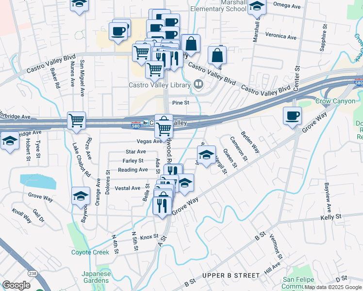 map of restaurants, bars, coffee shops, grocery stores, and more near 2526 Watson Street in Castro Valley