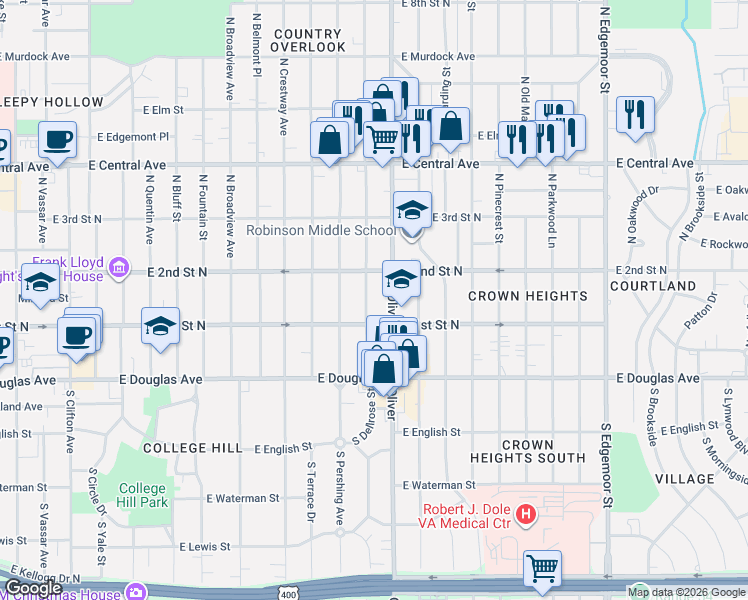 map of restaurants, bars, coffee shops, grocery stores, and more near in Wichita