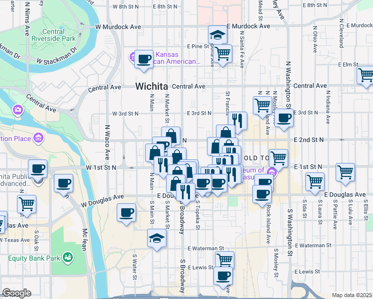 map of restaurants, bars, coffee shops, grocery stores, and more near 240 North Broadway Street in Wichita