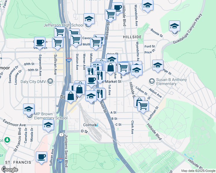 map of restaurants, bars, coffee shops, grocery stores, and more near 220 1st Avenue in Daly City
