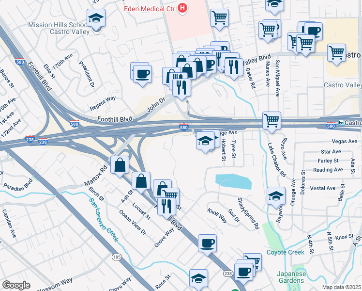 map of restaurants, bars, coffee shops, grocery stores, and more near 21062 Gary Drive in Hayward